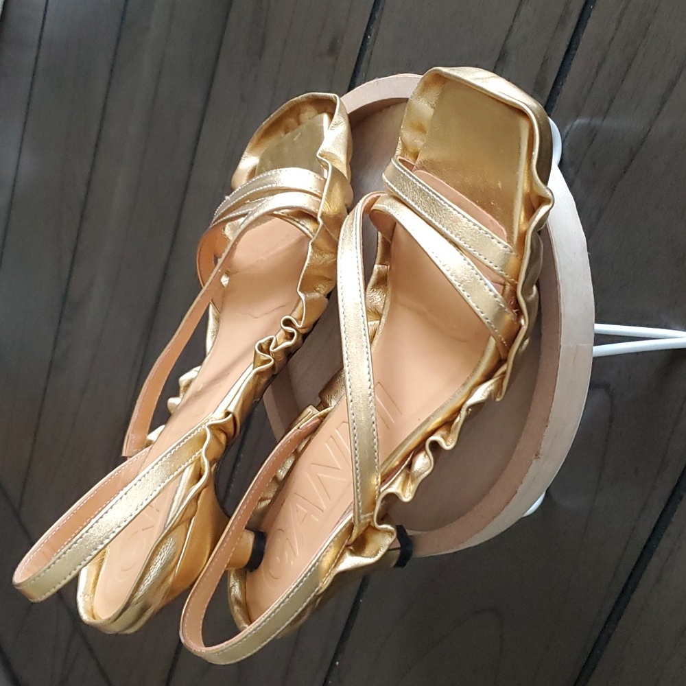 GANNI Ruffle Square Toe Slingback Sandals, Metallic Gold, 36